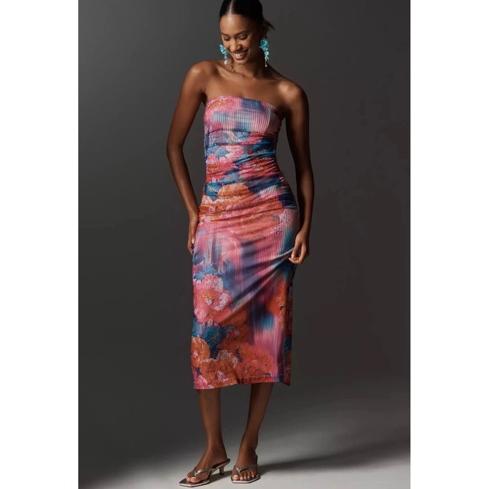Anthropologie The Soleil Slim Strapless Ruched Mesh Midi Dress Pink Abstract